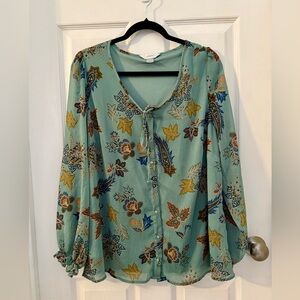 NWOT CJ Banks Sz 1X L/S Blouse Green Foliage Print beautiful blouse